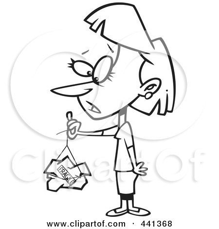Royalty-Free (RF) Clip Art Illustration of a Cartoon Black And White Outline Design Of A Woman Holding A Trashed Fragile Package by toonaday