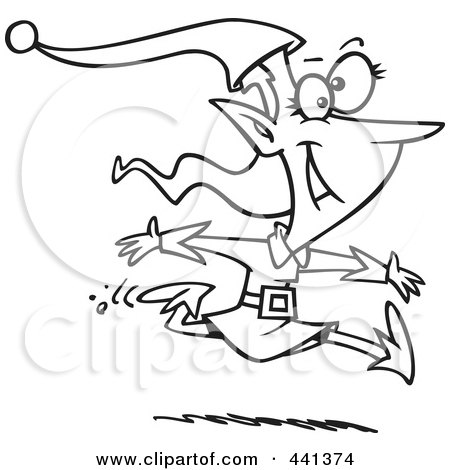 Royalty-Free (RF) Clip Art Illustration of a Cartoon Black And White Outline Design Of A Christmas Elf Leaping by toonaday