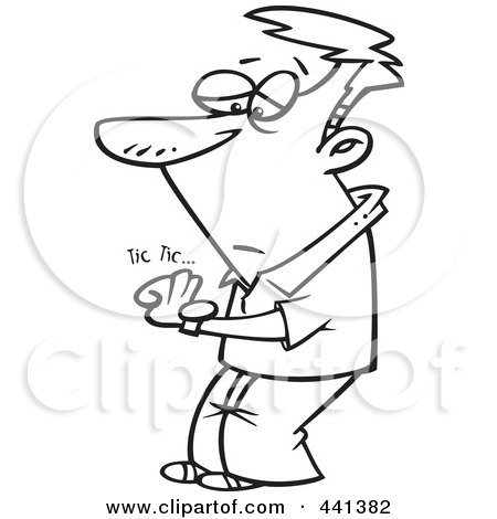 Royalty-Free (RF) Clip Art Illustration of a Cartoon Black And White Outline Design Of A Man Watching His Watch Tick by toonaday