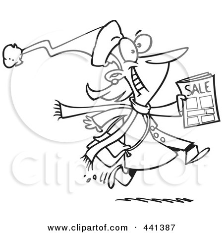 Royalty-Free (RF) Clip Art Illustration of a Cartoon Black And White Outline Design Of An Excited Black Friday Shopper Running With A Sale Ad by toonaday