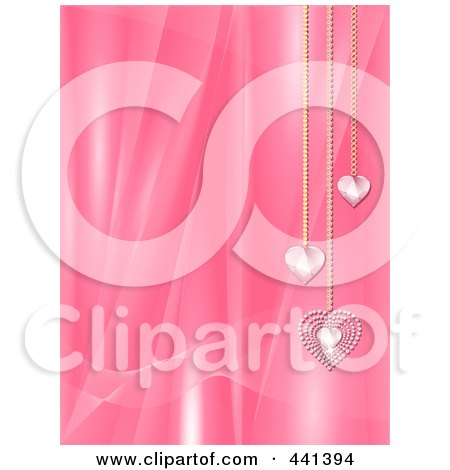 Royalty-Free (RF) Clip Art Illustration of Three Diamod Heart Pendants Over A Pink Ripple Background by elaineitalia