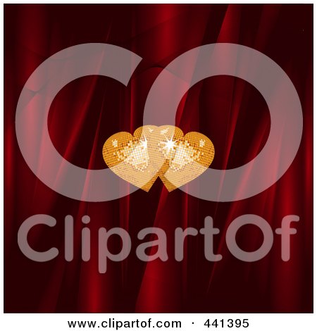 Royalty-Free (RF) Clip Art Illustration of Two Sparkling Golden Hearts Over Red Silk by elaineitalia