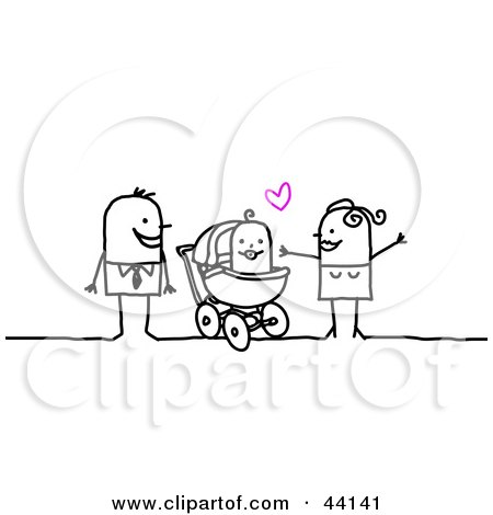 Clipart Illustration of a Stick Mom And Dad Adoring Their Baby In A Carriage by NL shop