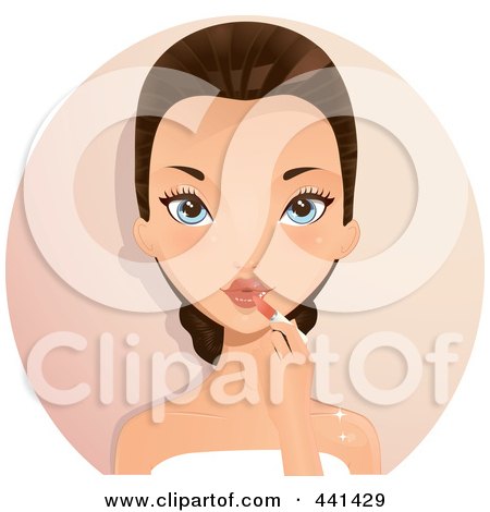 Royalty-Free (RF) Clip Art Illustration of a Brunette Woman Applying Lipstick Over A Beige Circle by Melisende Vector