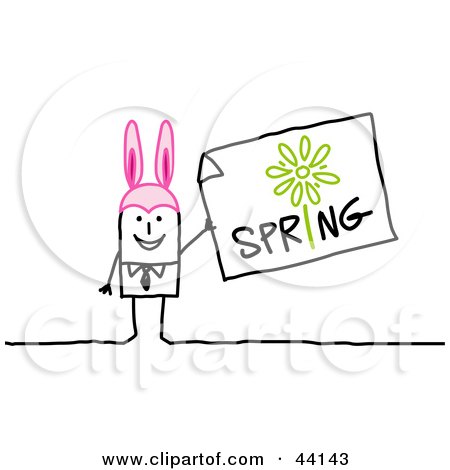 Clipart Illustration of a Stick Man Wearing Pink Bunny Ears And Holding A Spring Sign by NL shop