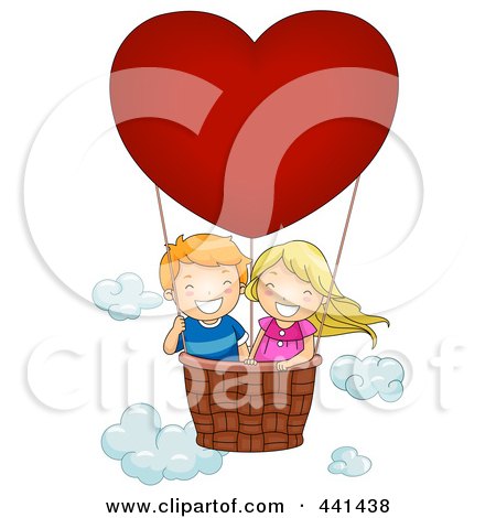 Royalty-Free (RF) Clip Art Illustration of a Boy And Girl In A Valentine Hot Air Balloon by BNP Design Studio