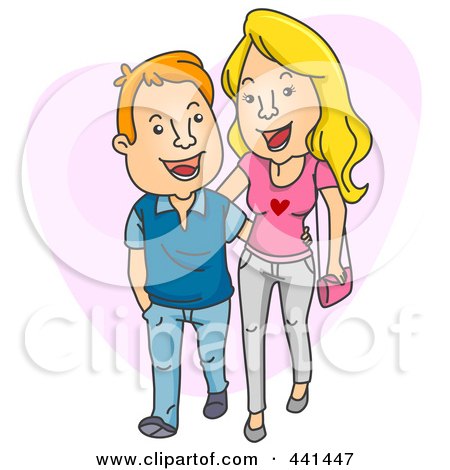 Royalty-Free (RF) Clip Art Illustration of a Tall Woman Walking With Her Short Boyfriend, Over A Pink Heart by BNP Design Studio