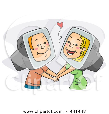 Royalty-Free (RF) Clip Art Illustration of an Internet Romance Couple Holding Hands Over Gray by BNP Design Studio