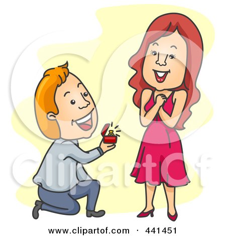 Royalty-Free (RF) Clip Art Illustration of a Man Kneeling And Proposing To A Beautiful Woman Over Yellow by BNP Design Studio