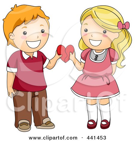 Royalty-Free (RF) Clip Art Illustration of a Child Couple Holding A Heart Together by BNP Design Studio