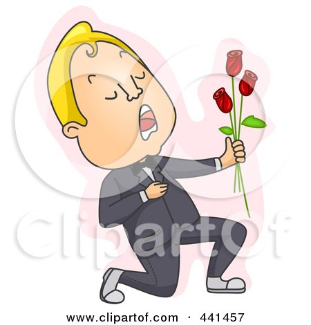 Royalty-Free (RF) Clip Art Illustration of a Kneeling Man Offering Flowers Over Pink by BNP Design Studio