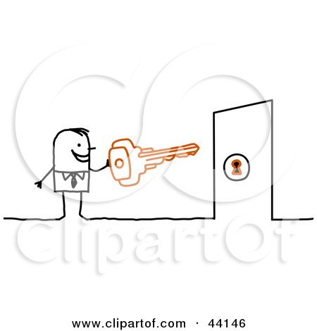 Clipart Illustration of a Stick Businessman Holding A Key In Front Of A Locked Door by NL shop