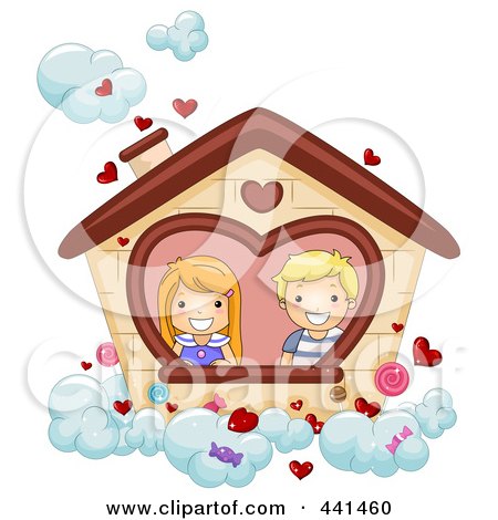 Royalty-Free (RF) Clip Art Illustration of a Boy And Girl In A Valentine House In The Clouds by BNP Design Studio