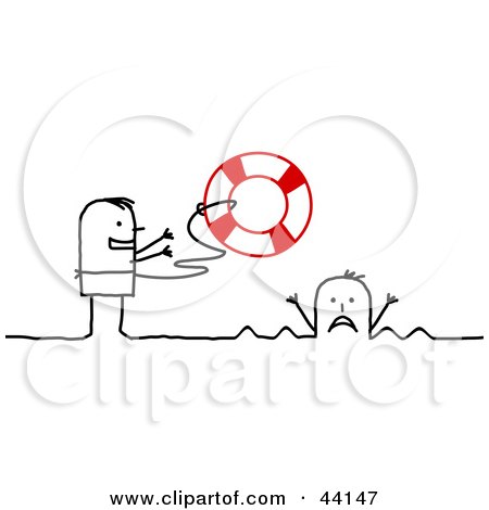 Clipart Illustration of a Stick Man Tossing A Life Buoy Out To A Drowning Person by NL shop