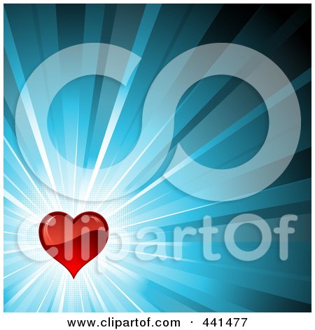 Royalty-Free (RF) Clip Art Illustration of a Shiny Red Heart Over A Bursting Blue Background by KJ Pargeter