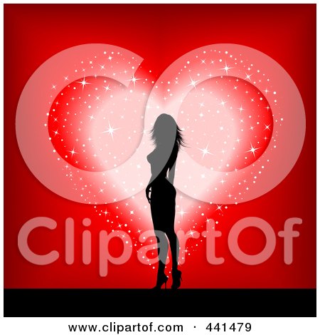 Royalty-Free (RF) Clip Art Illustration of a Sexy Silhouetted Woman Over A Sparkly Heart On Red by KJ Pargeter