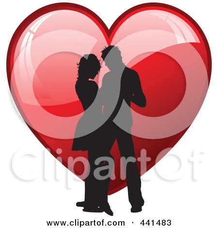 Royalty-Free (RF) Clip Art Illustration of a Silhouetted Couple Dancing Over A Shiny Red Heart by KJ Pargeter