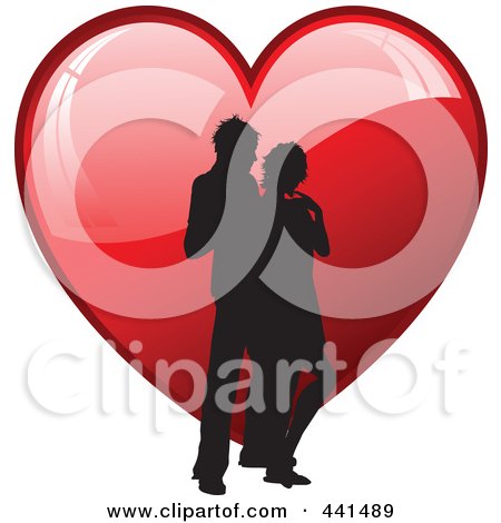 Royalty-Free (RF) Clip Art Illustration of a Silhouetted Couple Standing Over A Shiny Red Heart by KJ Pargeter