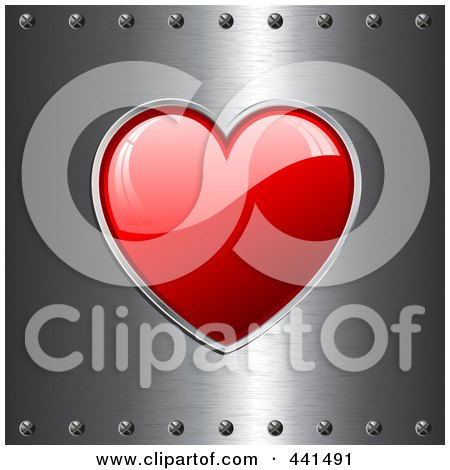 Royalty-Free (RF) Clip Art Illustration of a Shiny Red Heart Over Brushed Metal by KJ Pargeter