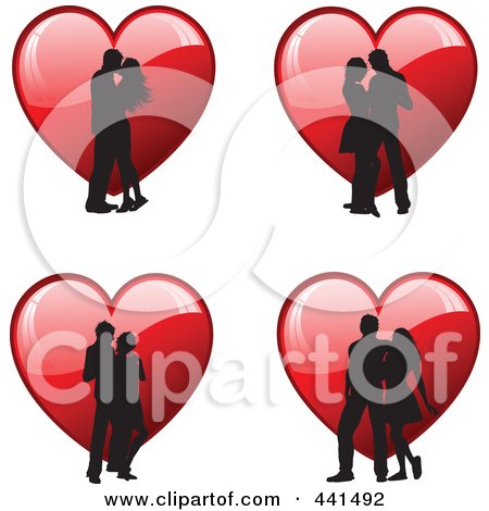 Royalty-Free (RF) Clip Art Illustration of a Digital Collage Of Romantic Silhouetted Couples Over Red Hearts by KJ Pargeter