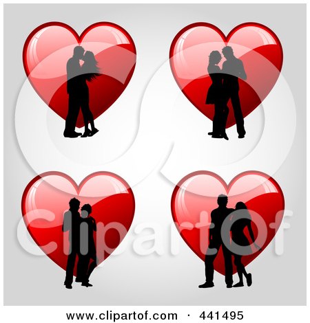 Royalty-Free (RF) Clip Art Illustration of a Digital Collage Of Romantic Couple Silhouettes Over Red Hearts by KJ Pargeter