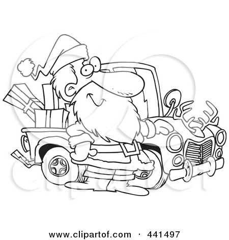 Royalty-Free (RF) Clip Art Illustration of a Cartoon Black And White Outline Design Of Santa Standing By His Redneck Truck by toonaday