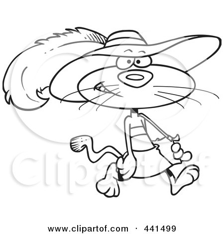 Royalty-Free (RF) Clip Art Illustration of a Cartoon Black And White Outline Design Of A Stylish Cat Wearing A Hat by toonaday