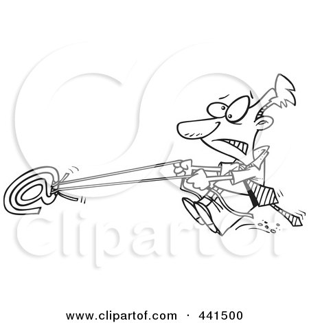 Royalty-Free (RF) Clip Art Illustration of a Cartoon Black And White Outline Design Of A Businessman Holding The Reins To Email by toonaday