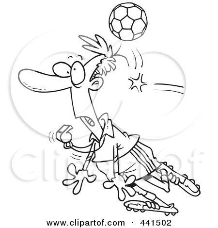 Royalty-Free (RF) Clip Art Illustration of a Cartoon Black And White Outline Design Of A Soccer Ball Hitting A Referee by toonaday
