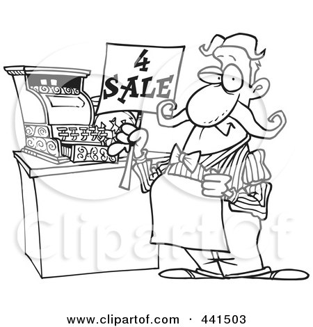 Royalty-Free (RF) Clip Art Illustration of a Cartoon Black And White Outline Design Of A Man Holding A For Sale Sign At His Register by toonaday