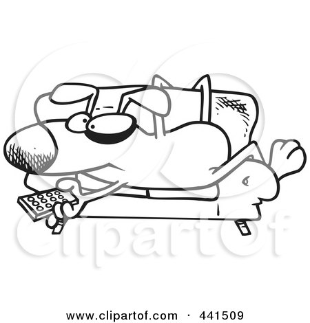 Royalty-Free (RF) Clip Art Illustration of a Cartoon Black And White Outline Design Of A Dog Holding A Remote Control And Resting On A Couch by toonaday