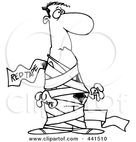 Royalty-Free (RF) Clip Art Illustration of a Cartoon Black And White Outline Design Of A Businessman Tied Up In Red Tape by toonaday