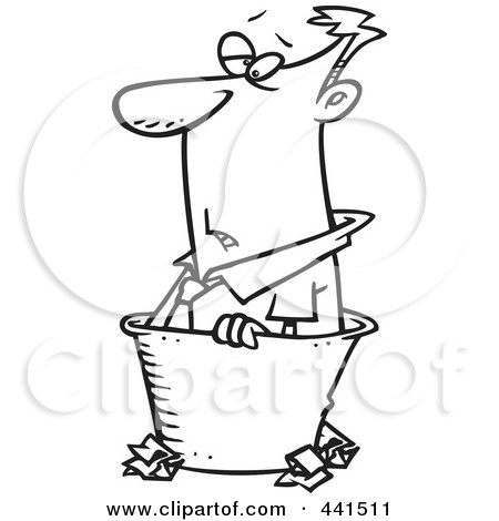 Royalty-Free (RF) Clip Art Illustration of a Cartoon Black And White Outline Design Of A Rejected Businessman In A Bin by toonaday