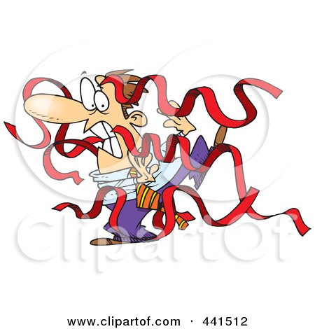 Royalty-Free (RF) Clip Art Illustration of a Cartoon Businessman Being Attacked By Red Tape by toonaday