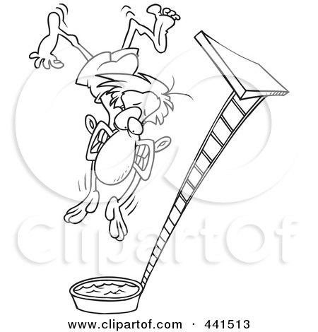 Royalty-Free (RF) Clip Art Illustration of a Cartoon Black And White Outline Design Of A Regretful Man Falling From A High Dive by toonaday