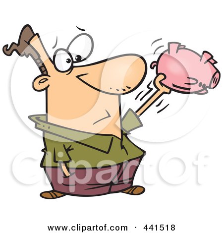 Royalty-Free (RF) Clip Art Illustration of a Cartoon Man Shaking His Empty Piggy Bank by toonaday