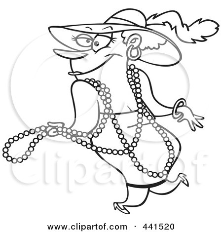Royalty-Free (RF) Clip Art Illustration of a Cartoon Black And White Outline Design Of A Stylish Woman Wearing Beads And A Hat by toonaday