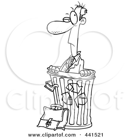 Royalty-Free (RF) Clip Art Illustration of a Cartoon Black And White Outline Design Of A Recycled Businessman In A Bin by toonaday