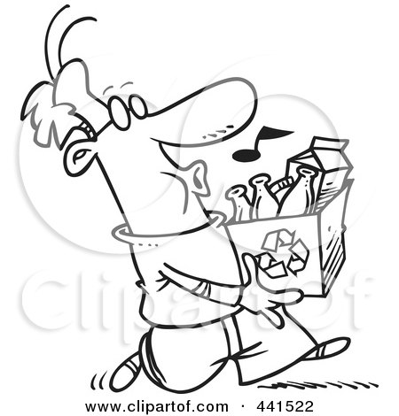 Royalty-Free (RF) Clip Art Illustration of a Cartoon Black And White Outline Design Of A Whistling Man Carrying A Carton To A Recycle Center by toonaday
