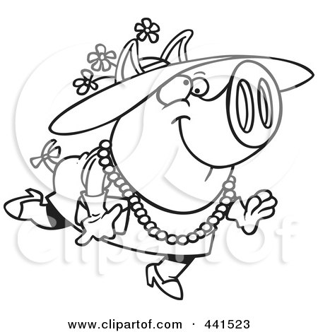 Royalty-Free (RF) Clip Art Illustration of a Cartoon Black And White Outline Design Of A Stylish Pig Wearing A Hat by toonaday