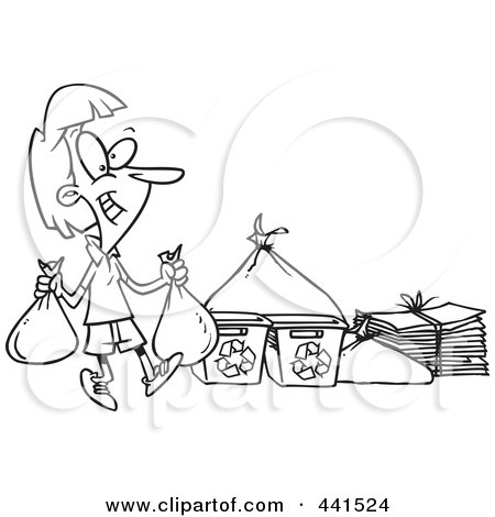 Royalty-Free (RF) Clip Art Illustration of a Cartoon Black And White Outline Design Of A Woman Carrying Bags To A Recycle Center by toonaday
