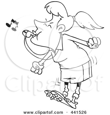 Royalty-Free (RF) Clip Art Illustration of a Cartoon Black And White Outline Design Of A Female Referee Blowing A Whistle by toonaday