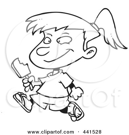 Royalty-Free (RF) Clip Art Illustration of a Cartoon Black And White Outline Design Of A Girl Eating A Refreshing Popsicle by toonaday