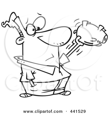 Royalty-Free (RF) Clip Art Illustration of a Cartoon Black And White Outline Design Of A Man Shaking His Empty Piggy Bank by toonaday