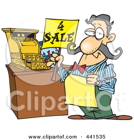 Royalty-Free (RF) Clip Art Illustration of a Cartoon Man Holding A For Sale Sign At His Register by toonaday