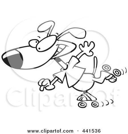Royalty-Free (RF) Clip Art Illustration of a Cartoon Black And White Outline Design Of A Roller Blading Dog by toonaday