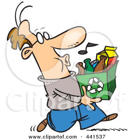 Royalty-Free (RF) Clip Art Illustration of a Cartoon Whistling Man Carrying A Carton To A Recycle Center by toonaday