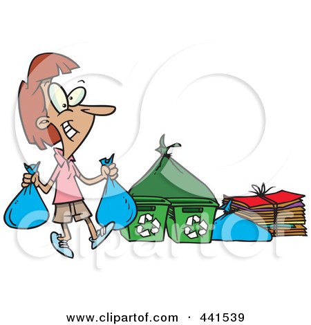 Royalty-Free (RF) Clip Art Illustration of a Cartoon Woman Carrying Bags To A Recycle Center by toonaday