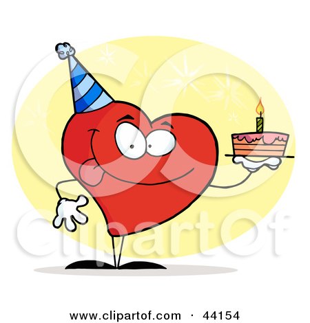 Clipart Illustration of a Red Heart Character Wearing A Hat And Holding A Birthday Cake by Hit Toon