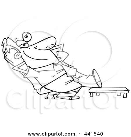 Royalty-Free (RF) Clip Art Illustration of a Cartoon Black And White Outline Design Of A Businessman Relaxing With His Feet Up by toonaday